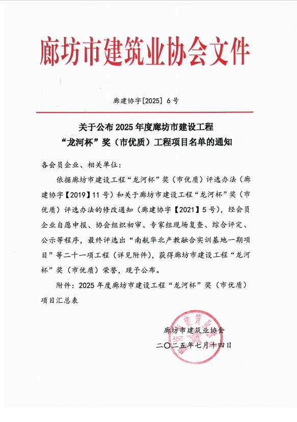 公司監理項目榮耀斬獲2025年河北省廊坊市“龍河杯”優質工程獎